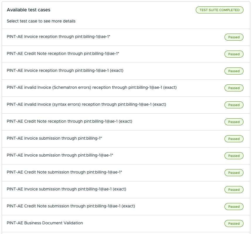 OpenPeppol Testbed: PINT AE Billing 1.0.4, test suite completed, 12 of 12 test cases passed