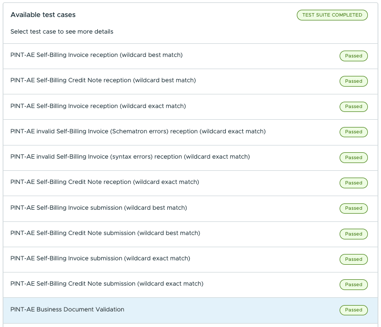 OpenPeppol Testbed: PINT AE Self-Billing and AE TDD 1.0.4, test suite completed, 11 of 11 test cases passed