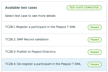 OpenPeppol Testbed: SMP test suite, test suite completed, 4 of 4 test cases passed
